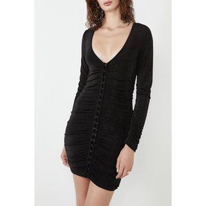 Bardot Dress Demi Black V Neck Ruched Long Sleeve Mini Bodycon